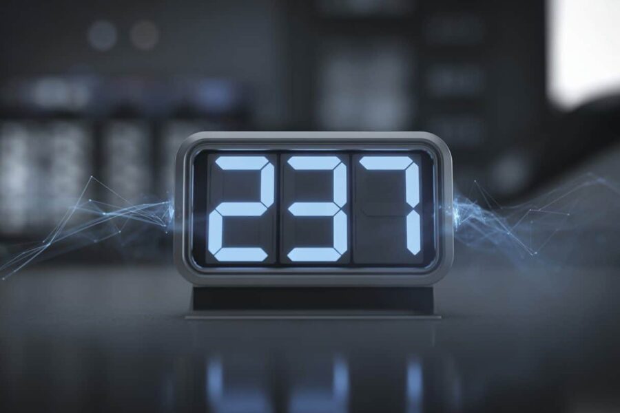 Um mostrador digital moderno exibindo o número 237 em dígitos azuis brilhantes com um fundo escuro e elementos gráficos sutis ao redor.