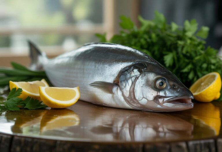 Um peixe merluza fresco inteiro sobre uma mesa de madeira rústica com ervas frescas e fatias de limão ao redor.