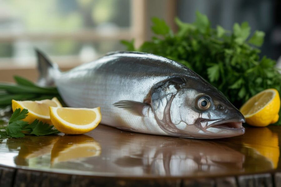 Um peixe merluza fresco inteiro sobre uma mesa de madeira rústica com ervas frescas e fatias de limão ao redor.