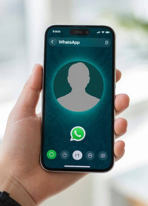 Uma mão segurando um smartphone que mostra a tela do WhatsApp com o espaço do perfil vazio, sem foto.