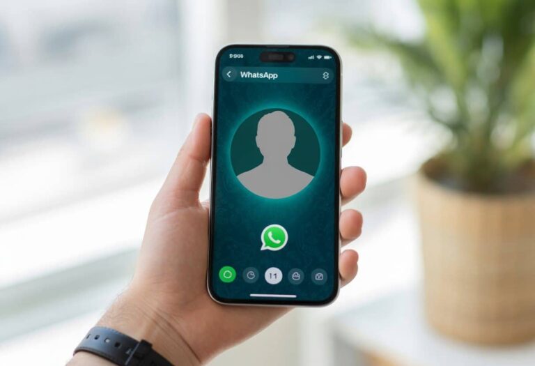 Uma mão segurando um smartphone que mostra a tela do WhatsApp com o espaço do perfil vazio, sem foto.