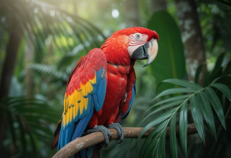 Uma arara vermelha vibrante pousada em um galho em uma floresta tropical verde e densa.