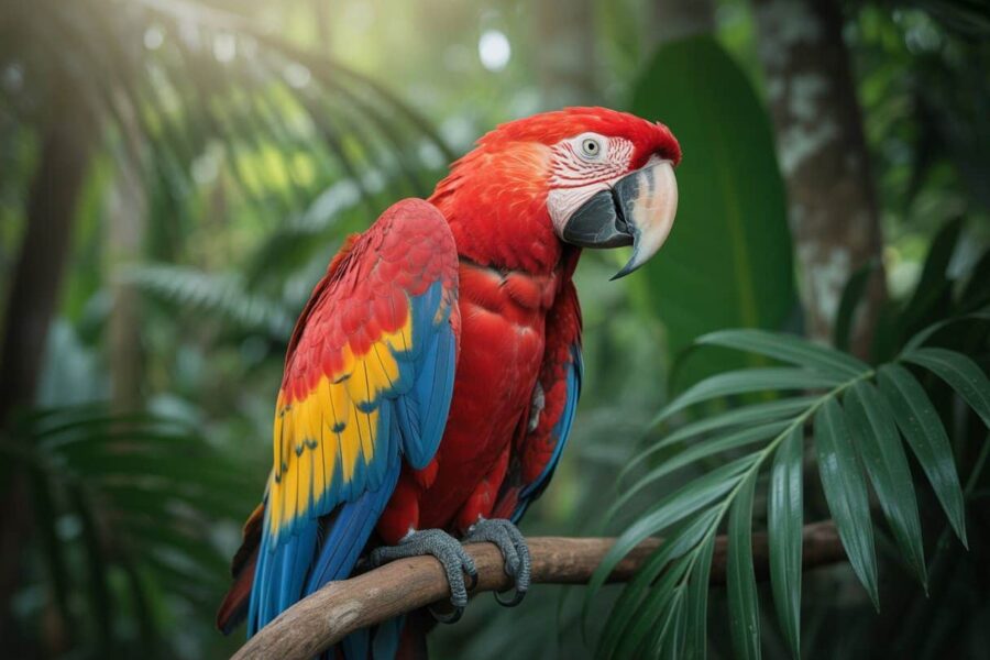 Uma arara vermelha vibrante pousada em um galho em uma floresta tropical verde e densa.