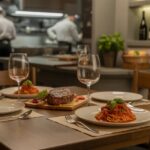 Interior de restaurante italiano com mesa de madeira, prato de massa com molho de tomate e manjericão, bife grelhado com legumes assados, e cozinha aberta ao fundo.
