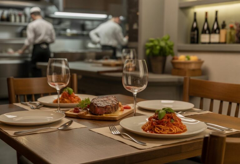 Interior de restaurante italiano com mesa de madeira, prato de massa com molho de tomate e manjericão, bife grelhado com legumes assados, e cozinha aberta ao fundo.
