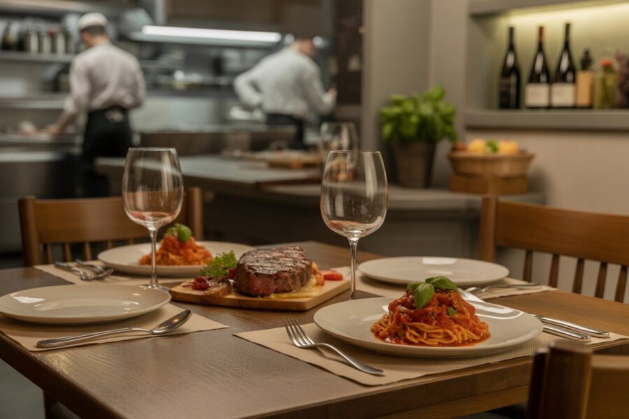 Interior de restaurante italiano com mesa de madeira, prato de massa com molho de tomate e manjericão, bife grelhado com legumes assados, e cozinha aberta ao fundo.