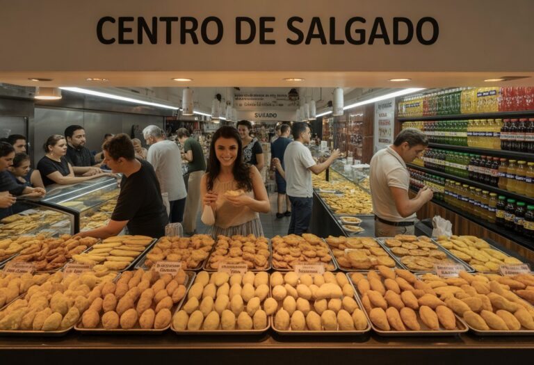 Centro de salgados com várias bancas exibindo salgados tradicionais brasileiros e pessoas comprando os alimentos.