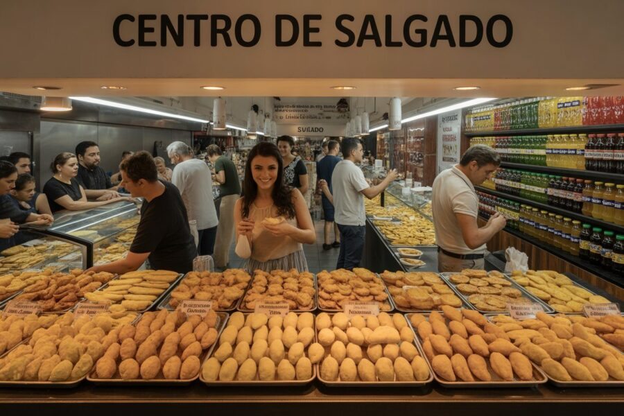 Centro de salgados com várias bancas exibindo salgados tradicionais brasileiros e pessoas comprando os alimentos.