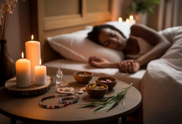 Pessoa dormindo tranquilamente em um quarto com objetos ritualísticos afro-brasileiros em uma mesa próxima.