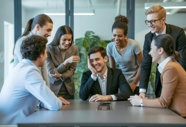 Grupo de profissionais em uma sala de reunião, com uma pessoa parecendo desapontada enquanto os outros sorriem de forma simpática.