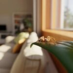 Uma aranha pequena descansando em uma planta dentro de uma casa iluminada pelo sol.