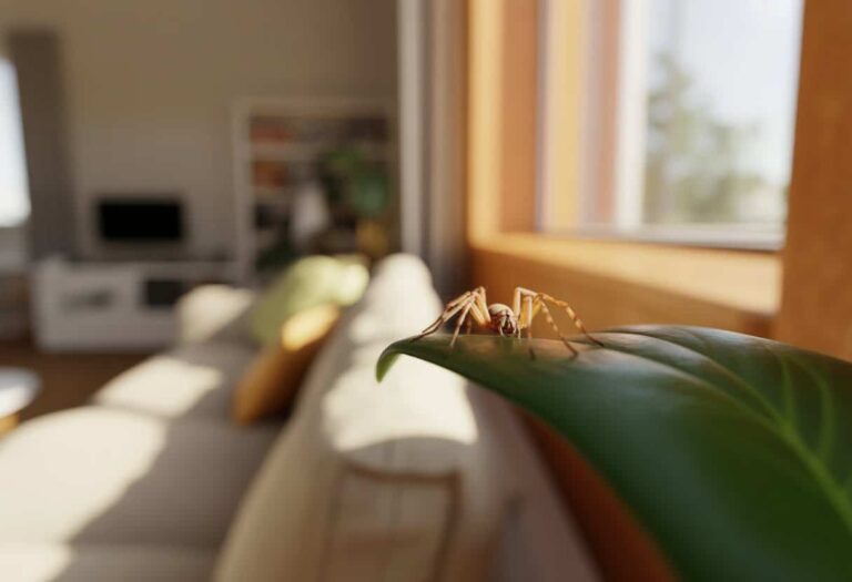 Uma aranha pequena descansando em uma planta dentro de uma casa iluminada pelo sol.