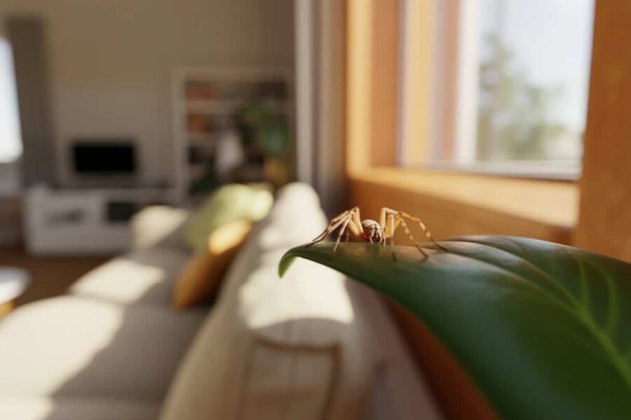 Uma aranha pequena descansando em uma planta dentro de uma casa iluminada pelo sol.