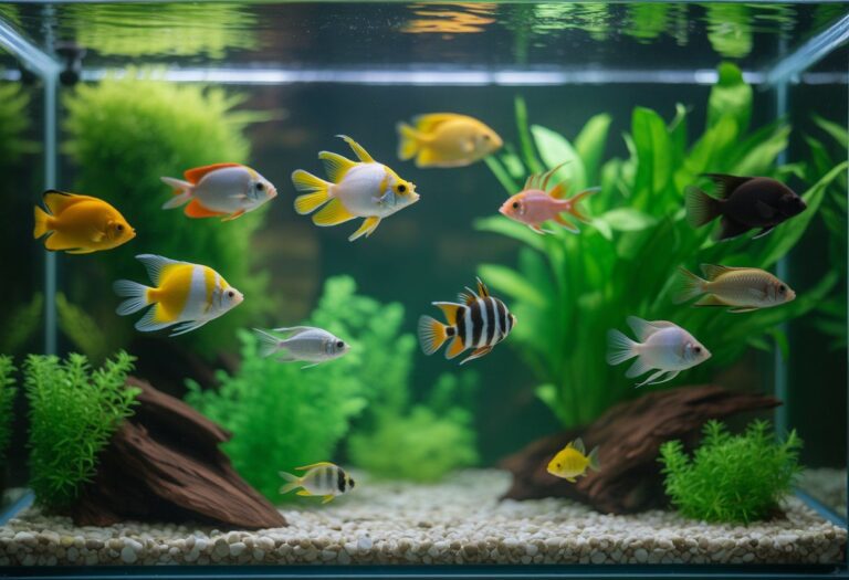 Tanque de peixes coloridos nadando entre plantas aquáticas verdes e pedras no fundo.