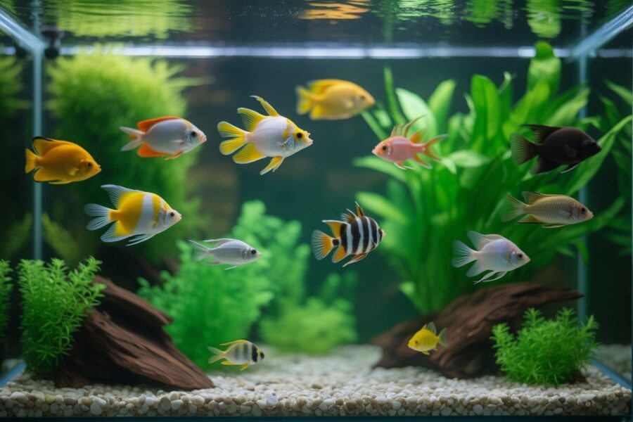 Tanque de peixes coloridos nadando entre plantas aquáticas verdes e pedras no fundo.