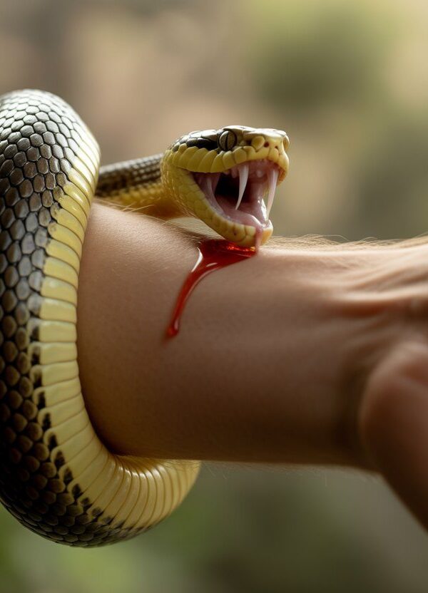 Braço de uma pessoa sendo mordido por uma cobra, com a cobra enrolada no braço e o local da mordida visível.
