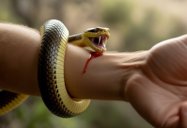 Braço de uma pessoa sendo mordido por uma cobra, com a cobra enrolada no braço e o local da mordida visível.