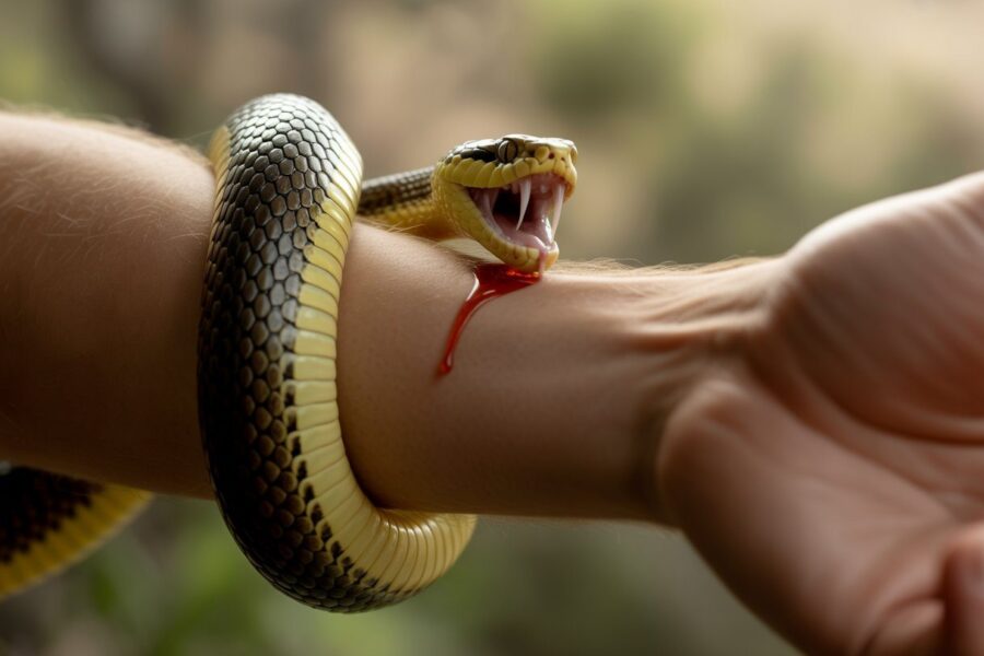 Braço de uma pessoa sendo mordido por uma cobra, com a cobra enrolada no braço e o local da mordida visível.