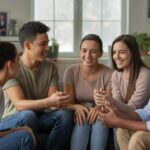 Grupo de irmãos sorrindo e conversando juntos em uma sala de estar aconchegante.