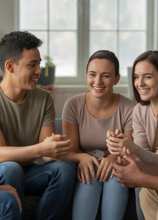 Grupo de irmãos sorrindo e conversando juntos em uma sala de estar aconchegante.