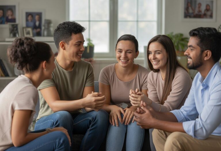 Grupo de irmãos sorrindo e conversando juntos em uma sala de estar aconchegante.