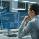 Um especialista em TI concentrado trabalhando em um escritório moderno com vários monitores exibindo códigos e diagnósticos de sistema.