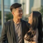 Um casal jovem sorrindo e se olhando com carinho em um ambiente urbano ao entardecer.