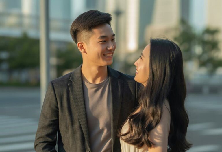 Um casal jovem sorrindo e se olhando com carinho em um ambiente urbano ao entardecer.
