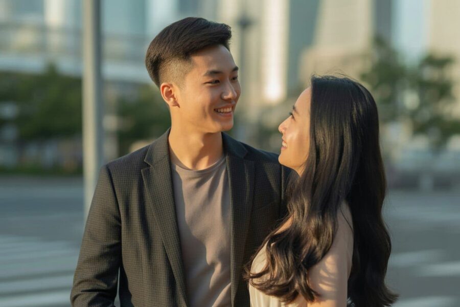 Um casal jovem sorrindo e se olhando com carinho em um ambiente urbano ao entardecer.