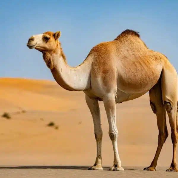 Um camelo em pé no deserto com dunas de areia ao fundo e céu azul claro.