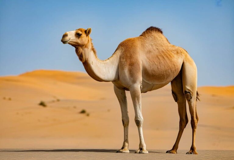 Um camelo em pé no deserto com dunas de areia ao fundo e céu azul claro.