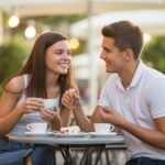 Um casal jovem sorrindo e conversando em um café ao ar livre durante o pôr do sol.