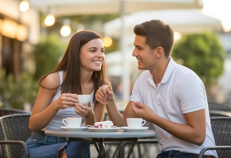 Um casal jovem sorrindo e conversando em um café ao ar livre durante o pôr do sol.