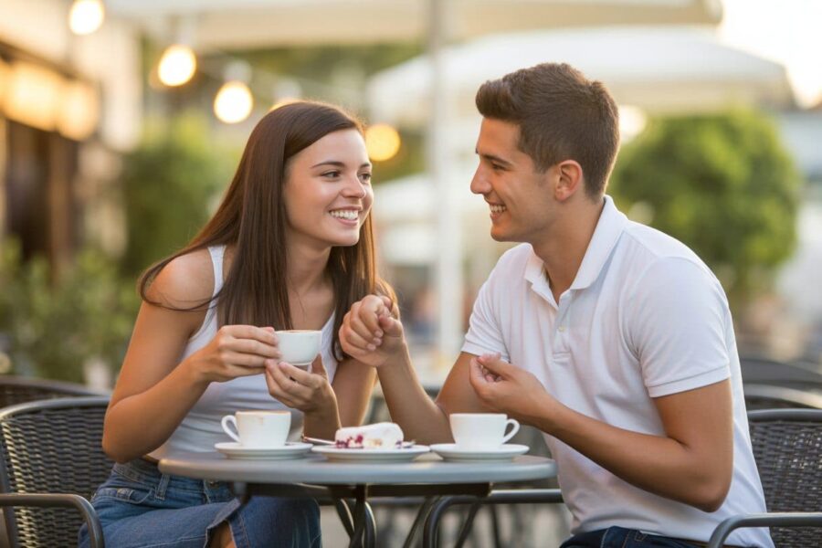 Um casal jovem sorrindo e conversando em um café ao ar livre durante o pôr do sol.