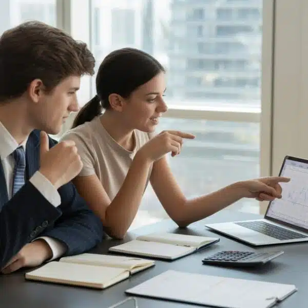 Dois jovens adultos sentados em uma mesa de escritório moderna, discutindo e olhando para um laptop com calculadora e calendário na mesa.