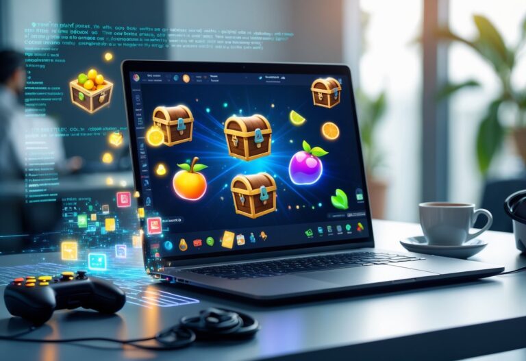 Mesa de trabalho moderna com laptop exibindo elementos coloridos de jogo inspirados em Blox Fruits, cercado por acessórios de jogos e efeitos digitais.