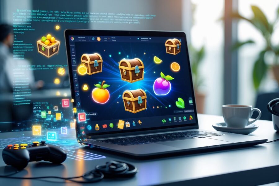 Mesa de trabalho moderna com laptop exibindo elementos coloridos de jogo inspirados em Blox Fruits, cercado por acessórios de jogos e efeitos digitais.