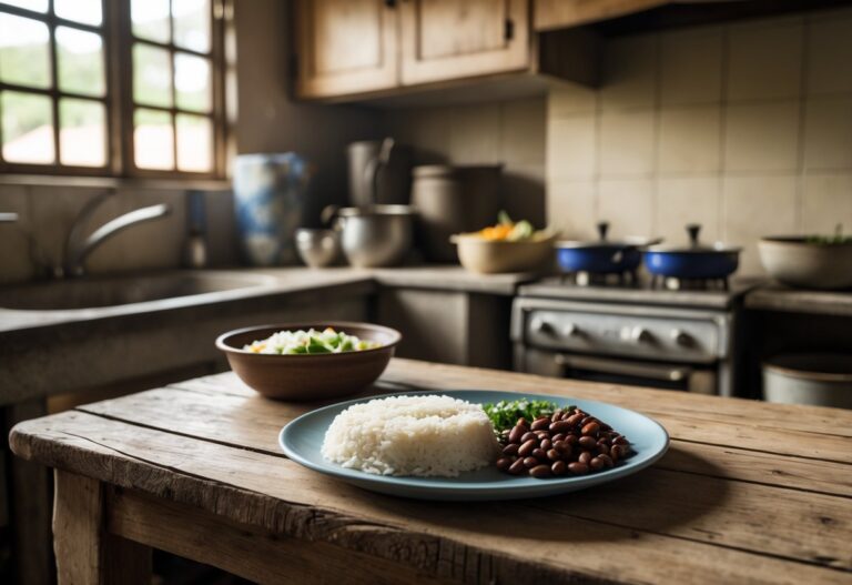 Cozinha modesta com uma mesa simples contendo uma refeição caseira básica, incluindo arroz, feijão e legumes, em um ambiente acolhedor e iluminado naturalmente.
