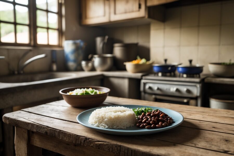 Cozinha modesta com uma mesa simples contendo uma refeição caseira básica, incluindo arroz, feijão e legumes, em um ambiente acolhedor e iluminado naturalmente.