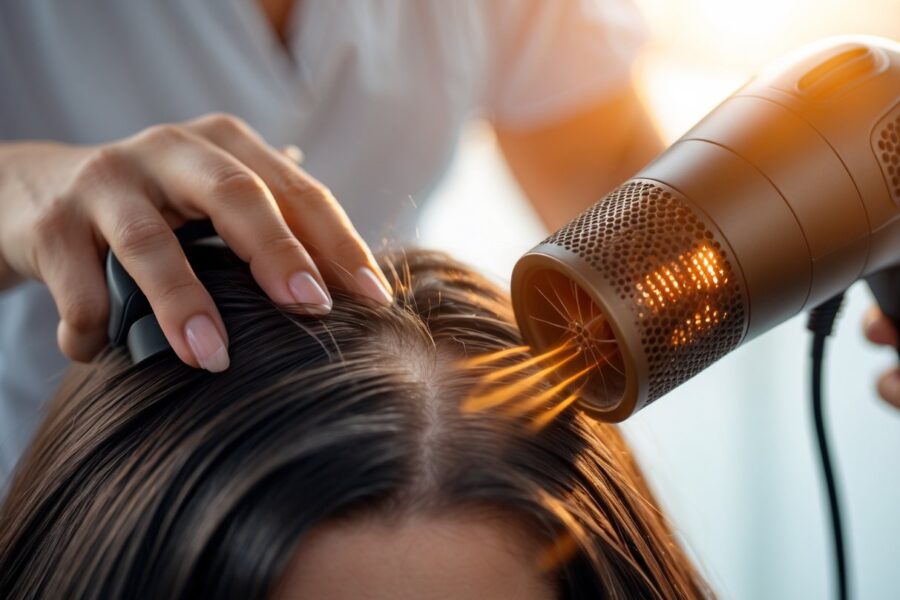 Pessoa usando um secador de cabelo próximo ao couro cabeludo.