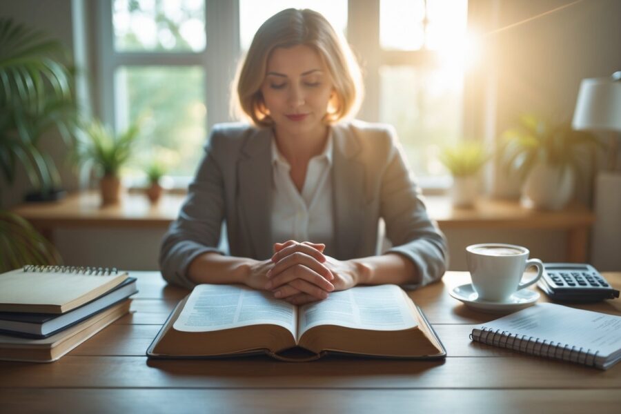 Pessoa sentada em uma mesa de escritório em casa, com uma Bíblia aberta à sua frente, em um ambiente tranquilo e iluminado pela luz natural.