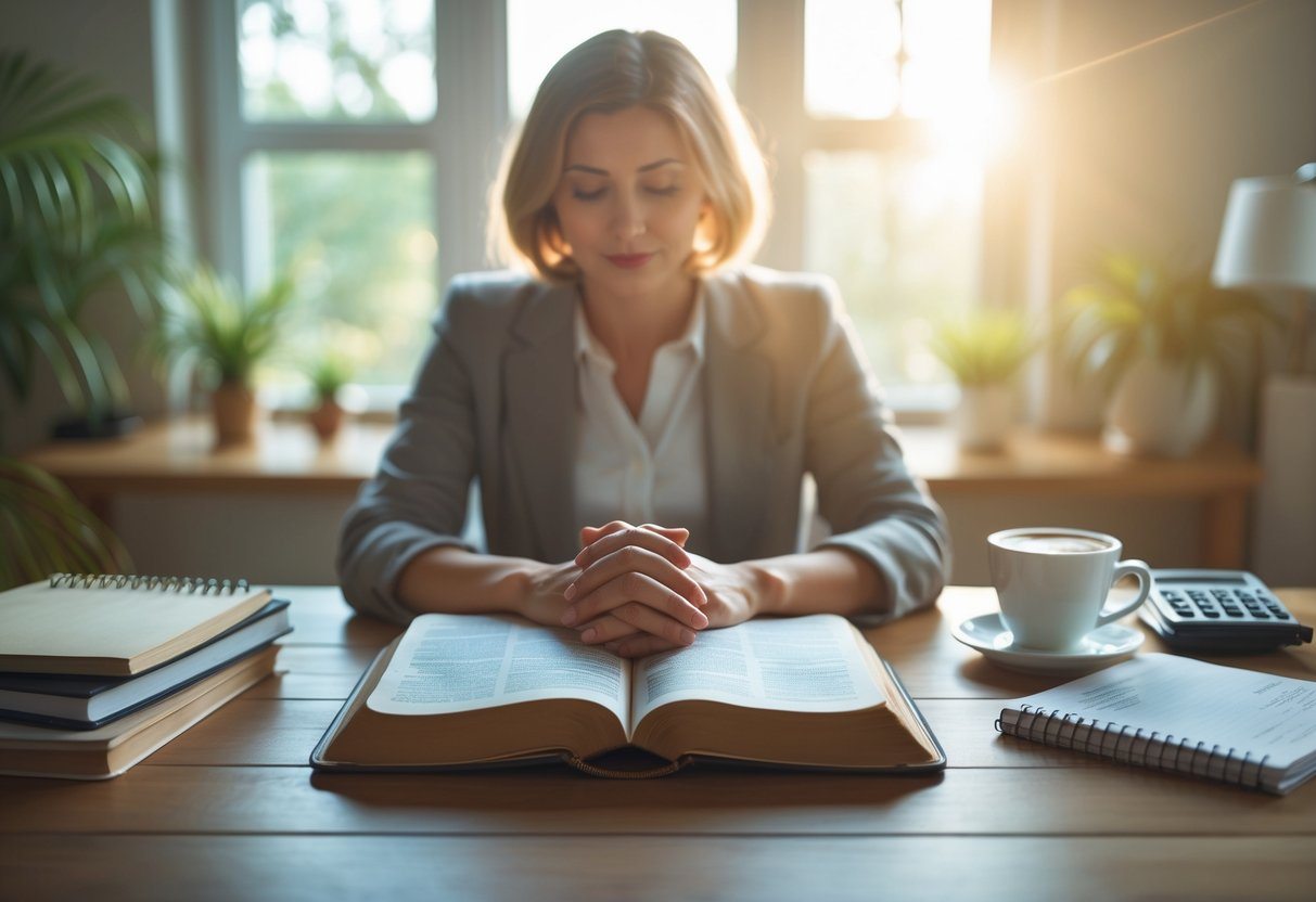 Pessoa sentada em uma mesa de escritório em casa, com uma Bíblia aberta à sua frente, em um ambiente tranquilo e iluminado pela luz natural.