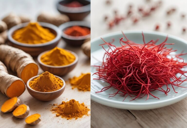 Raízes e pó de cúrcuma ao lado de fios de açafrão em recipientes sobre uma superfície de madeira clara.