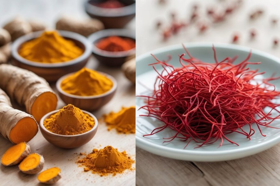 Raízes e pó de cúrcuma ao lado de fios de açafrão em recipientes sobre uma superfície de madeira clara.