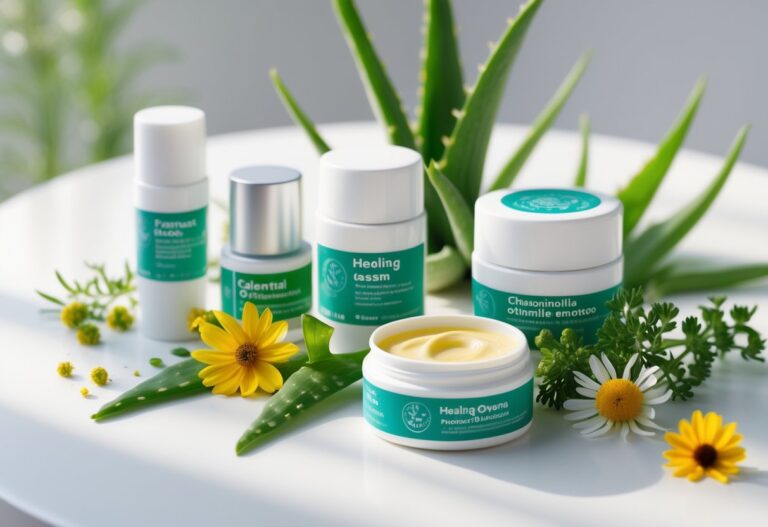 Vários potes e tubos de pomadas para cicatrização dispostos sobre uma superfície branca com folhas de aloe vera e flores ao redor.