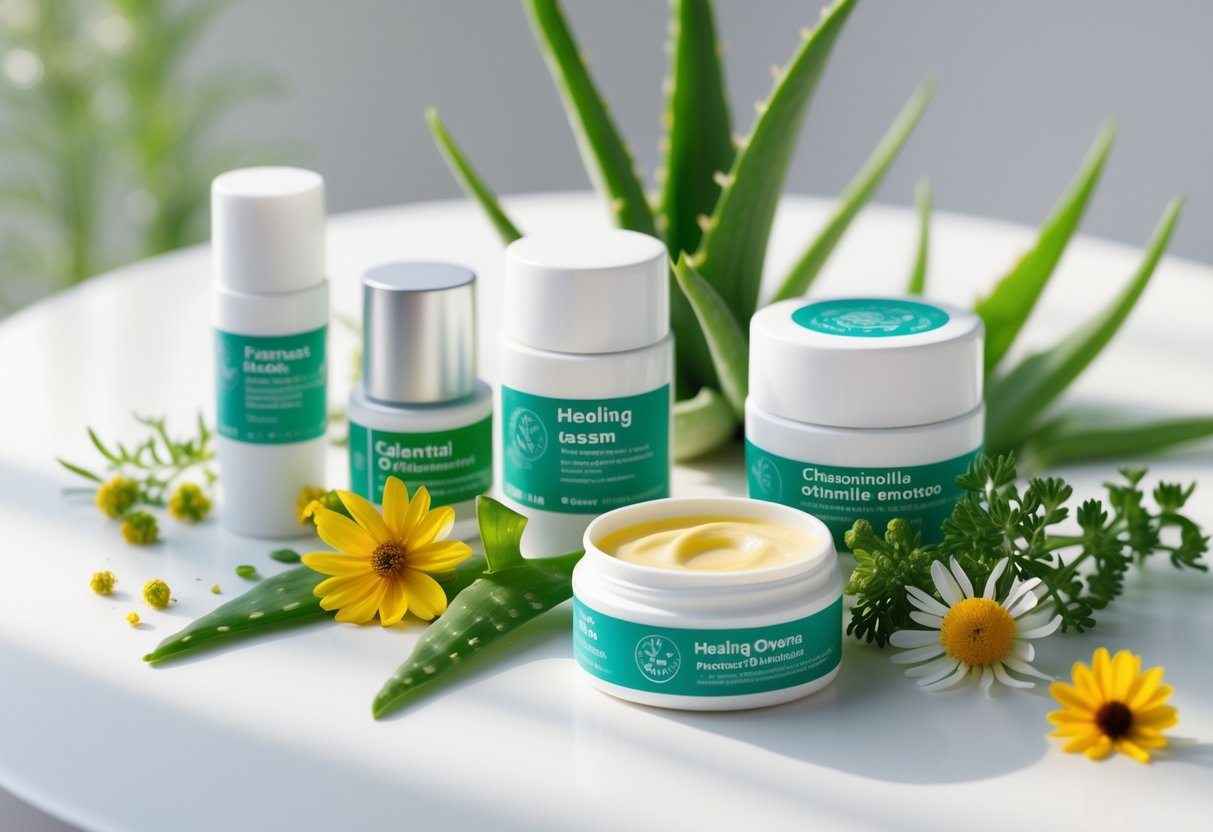 Vários potes e tubos de pomadas para cicatrização dispostos sobre uma superfície branca com folhas de aloe vera e flores ao redor.