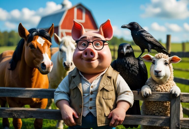 Grupo de animais da fazenda representando personagens da Revolução dos Bichos, incluindo um porco, um cavalo, um corvo, uma ovelha e um cachorro, em um cenário rural com celeiro e campo ao fundo.