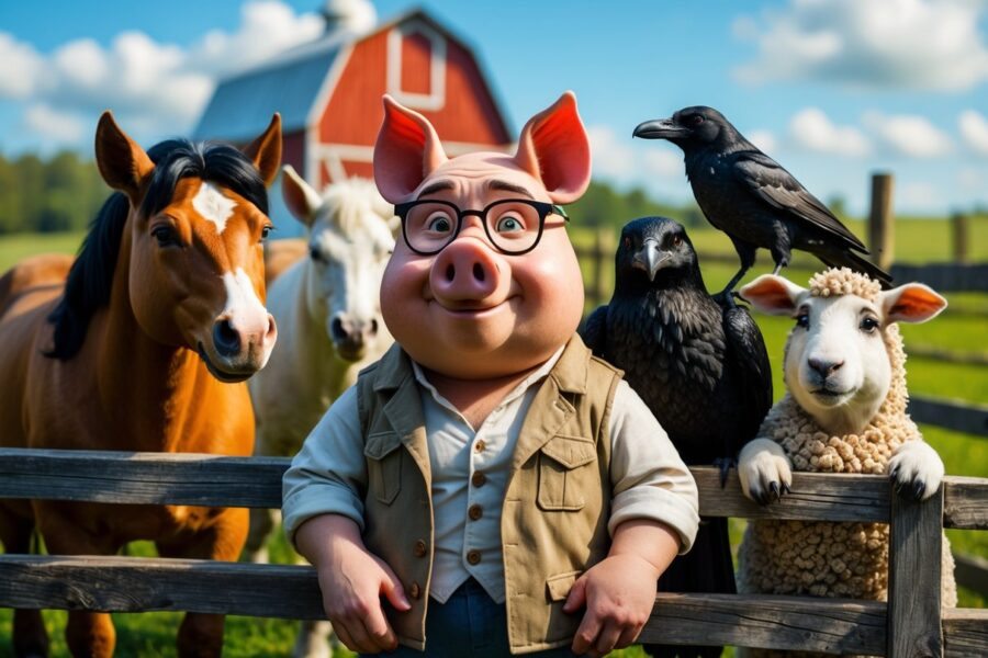 Grupo de animais da fazenda representando personagens da Revolução dos Bichos, incluindo um porco, um cavalo, um corvo, uma ovelha e um cachorro, em um cenário rural com celeiro e campo ao fundo.
