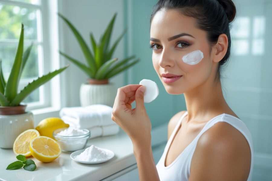 Mulher aplicando um tratamento caseiro nas axilas em um banheiro iluminado com ingredientes naturais ao redor.