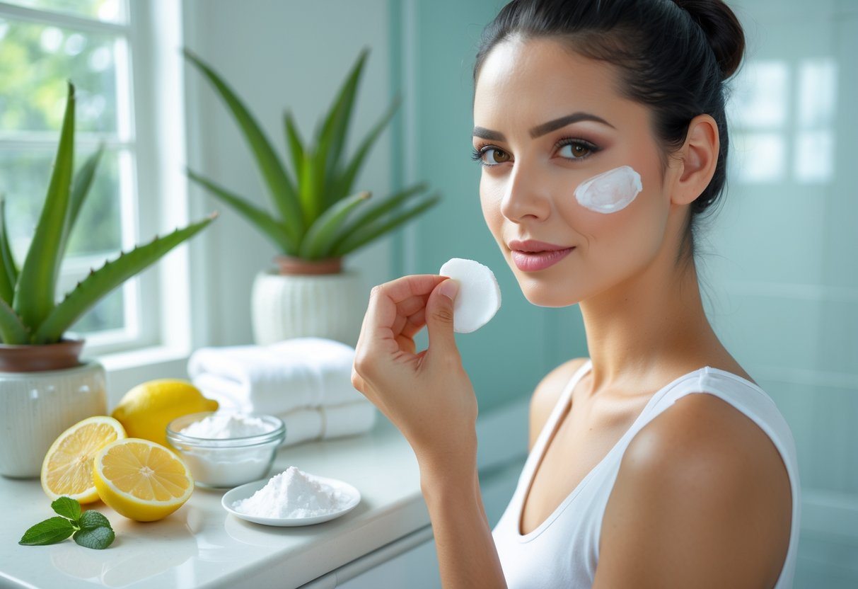 Mulher aplicando um tratamento caseiro nas axilas em um banheiro iluminado com ingredientes naturais ao redor.